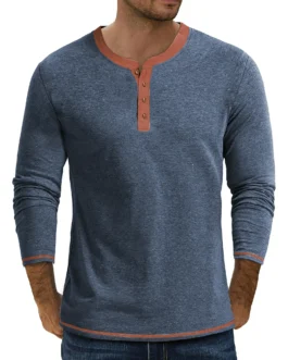 GENTS BLISS Crew Neck Henley Men Shirts Long Sleeve Shirts for Men Casual Color Block Tops