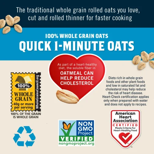 Quaker, Quick 1 Minute Oats, Oatmeal, Quick Cook Oatmeal, 42 oz Canister - Image 2