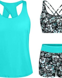 Tempt Me 3 Piece Tankini Swimsuits for Women Athletic Bathing Suits Swim Tank Top with Boy Shorts and Bra Modest Swimwear