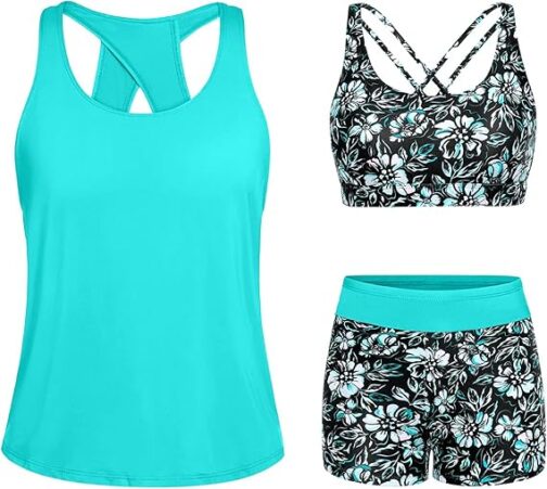 Tempt Me 3 Piece Tankini Swimsuits for Women Athletic Bathing Suits Swim Tank Top with Boy Shorts and Bra Modest Swimwear