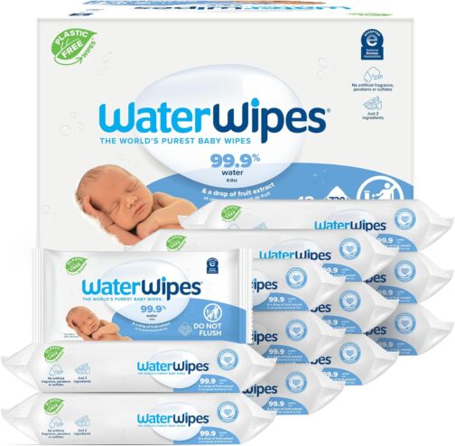 WaterWipes Plastic-Free Original Baby Wipes, 99.9% Water Based Wipes, Unscented & Hypoallergenic for Sensitive Skin