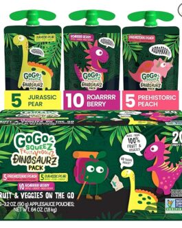 GoGo squeeZ Fruit & veggieZ Applesauce and Puree Variety Pack, Jurassic Pear, Roarrrr Berry & Prehistoric Peach, 3.2 oz (Pack of 20), Unsweetened Snacks for Kids, BPA Free Pouches