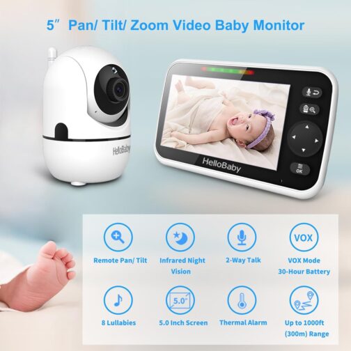 HelloBaby Upgrade Baby Monitor, 5'' Screen with 30-Hour Battery, Pan-Tilt-Zoom Video Baby Monitor with Camera and Audio No WiFi, Night Vision, VOX, 2-Way Talk, 8 Lullabies and 1000ft Range - Image 2