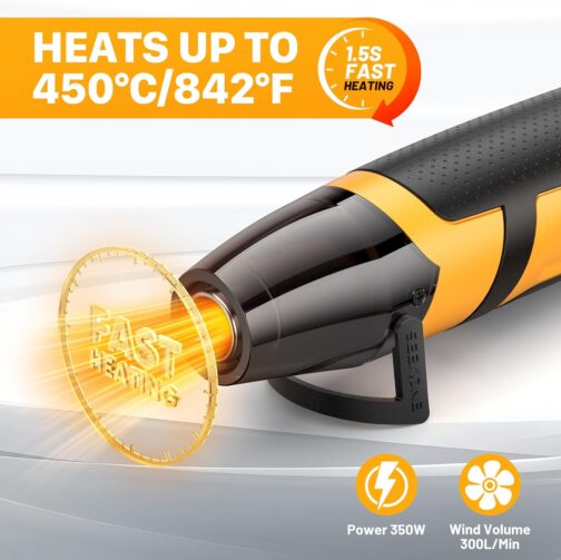 SEEKONE Mini Heat Gun, 350W 2-Temp Settings 500℉ & 842℉（260℃& 450℃） Fast Heat Hot Air Gun Tool with Reflector Nozzle and 4.9Ft Long Cable Overload Protection for Crafting, Vinyl Wrap and Shrink Tubing - Image 3