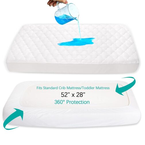 Crib Mattress Protector Sheets Fitted Waterproof Crib Mattress Pad Cover, Noiseless & Machine Wash 100% Absorbent Crib/Toddler Mattress Protector Sheet Quilted, White, 52" x 28" - Image 3