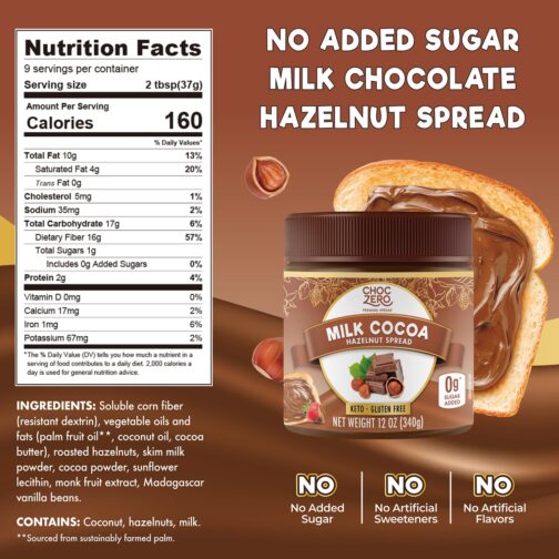 ChocZero Milk Chocolate Hazelnut Spread - Keto Friendly, No Sugar Added, Best Low Carb Dessert, Perfect Topping for Almond Flour Pancakes, Naturally Sweetened with Monk Fruit (1 jar, 12 oz) - Image 4