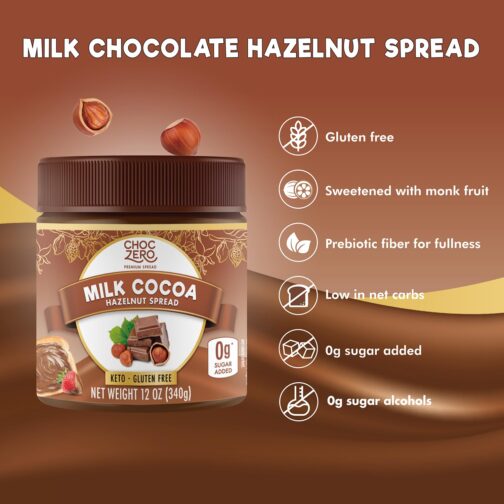 ChocZero Milk Chocolate Hazelnut Spread - Keto Friendly, No Sugar Added, Best Low Carb Dessert, Perfect Topping for Almond Flour Pancakes, Naturally Sweetened with Monk Fruit (1 jar, 12 oz) - Image 3