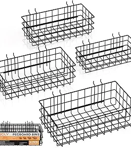 INCLY 4 Pack Pegboard Baskets Bins Set, 4 Size Square Style Black Metal Wire Basket for Any Peg Board Organizing Tools, Pegboard Accessories for Workbench Garage Wall Storage Attachments