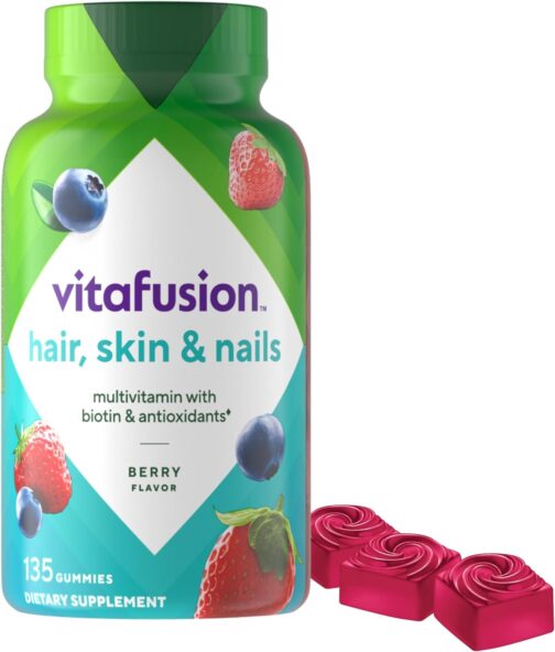 Vitafusion Gorgeous Hair, Skin & Nails Multivitamin plus Biotin and Antioxidant vitamins C&E, Raspberry Flavor, 135ct (45 day supply), from America’s Number One Gummy Vitamin Brand