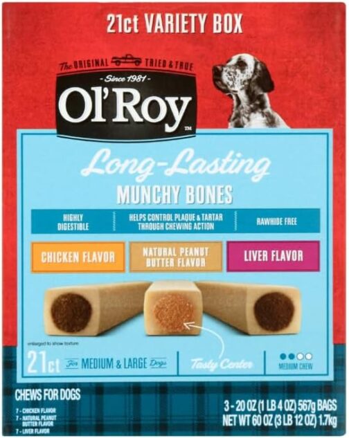 Ol's ~ Roy Munchy Bone Dog Treats Variety Pack in Chicken, Liver, and Peanut Butter Flavors for Medium and Large Dogs, 21 Count (Pack of 1)