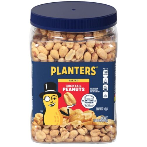 PLANTERS Salted Peanuts Cocktail, Party Snack, Plant-Based Protein, After School Snack, Roasted in Peanut Oil, Salted Nuts, Snacks for Adults, Bulk Nuts, Kosher, 2.19lb Jar